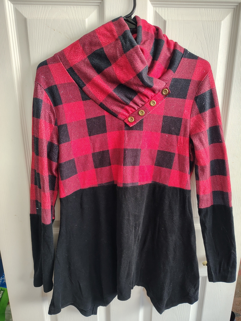Women’s Red Plaid Cowl Neck Sweater Tunic with Black Contrast
